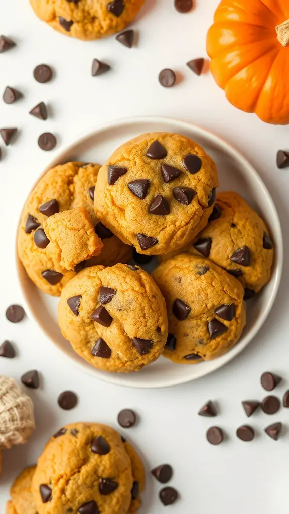 A plate of pumpkin chocolate chip cookies with a small pumpkin and chocolate chips scattered around.