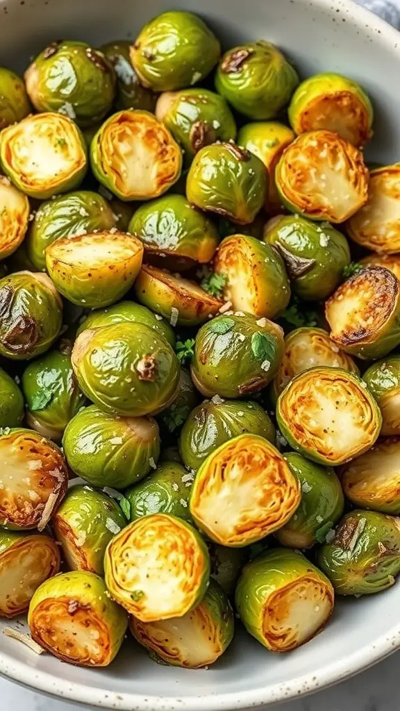 A bowl of garlic parmesan roasted Brussels sprouts, golden and green, ready to be served as a wedding appetizer.