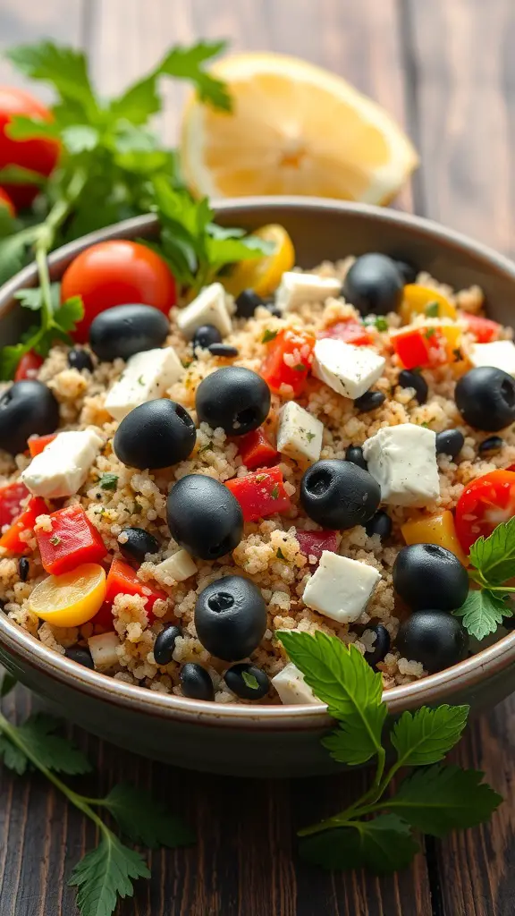 A bowl of Mediterranean quinoa salad with cherry tomatoes, black olives, bell peppers, and feta cheese, garnished with parsley and lemon slices.
