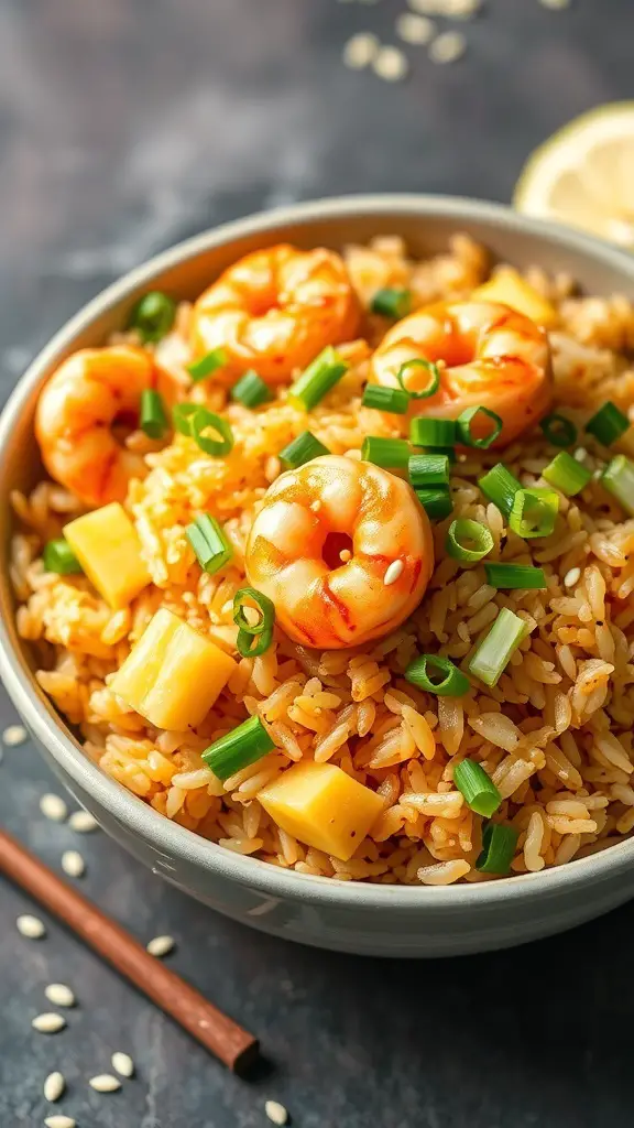 A bowl of pineapple shrimp fried rice topped with shrimp and green onions.