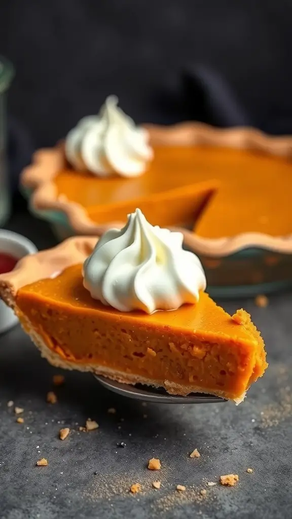 A slice of sweet potato pie topped with whipped cream, showcasing the vibrant orange filling and golden crust.