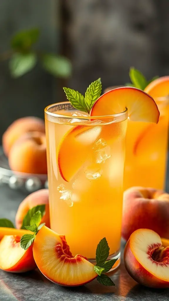 A refreshing glass of Peachy Keen Juice with fresh peaches and mint leaves