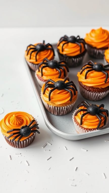 A tray of spooky spider cupcakes with orange frosting and black spider decorations.