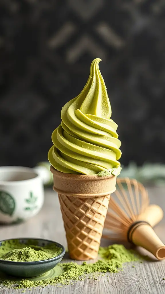 A delicious swirl of matcha green tea ice cream in a cone, surrounded by matcha powder and a whisk.