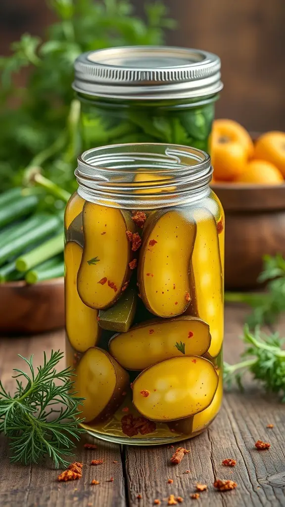 A jar of spicy garlic dill pickles with fresh herbs and vegetables in the background.