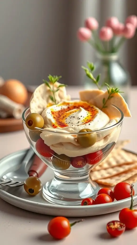 A charcuterie cup with hummus, cherry tomatoes, olives, and pita chips.