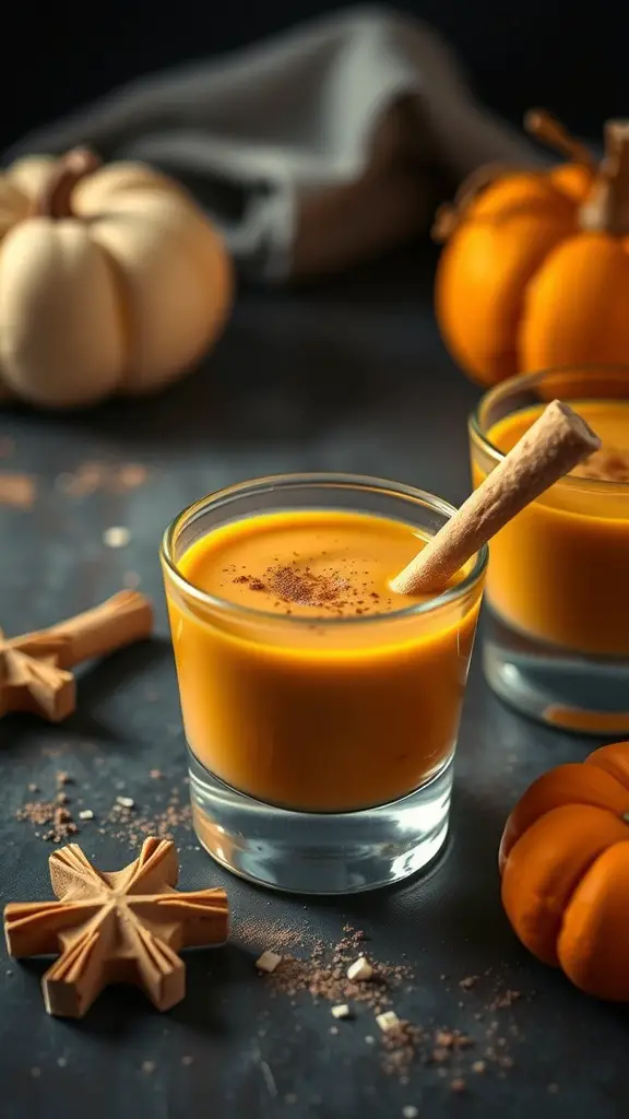 Savory pumpkin soup shooters in glasses with cinnamon sticks and small pumpkins in the background.