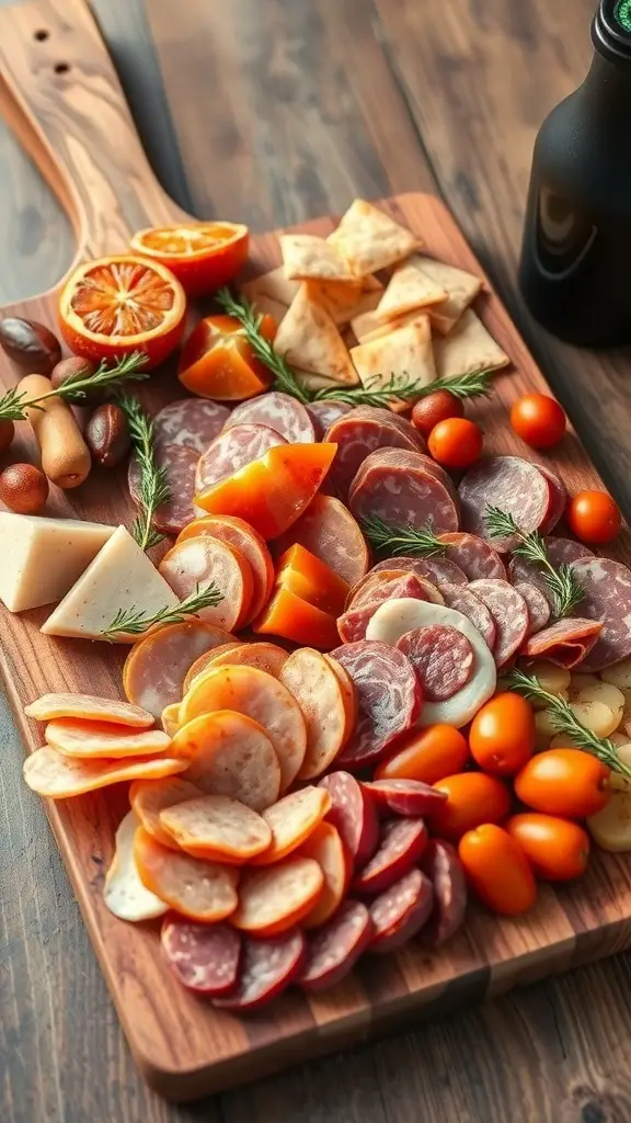 A beautifully arranged charcuterie board featuring various artisan meats, cheeses, and garnishes.