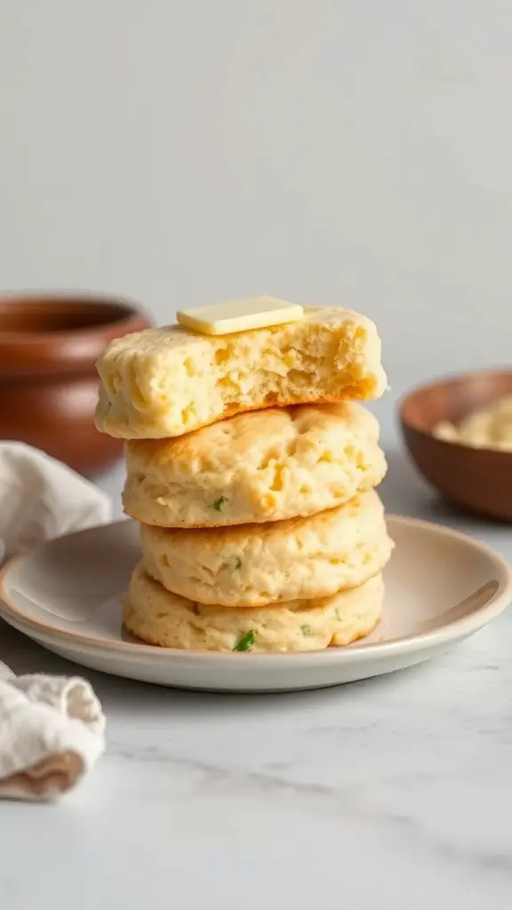 A stack of cheddar and chive biscuits with a pat of butter on top, showcasing their fluffy texture.