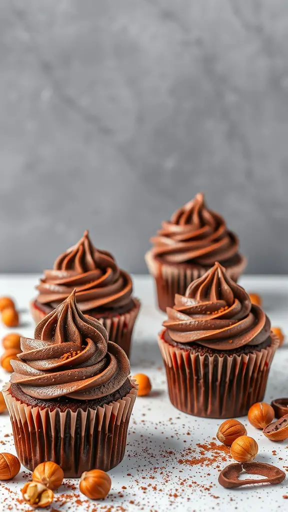 Chocolate hazelnut cupcakes with Nutella swirl, topped with hazelnuts.