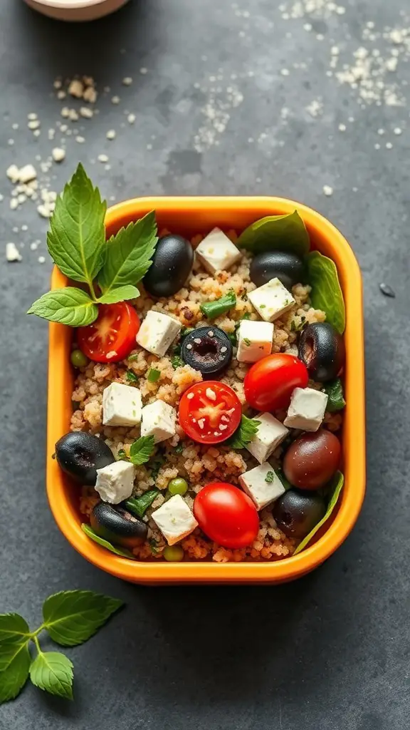 A bento box filled with Mediterranean quinoa salad, featuring quinoa, cherry tomatoes, olives, and feta cheese, garnished with fresh herbs.