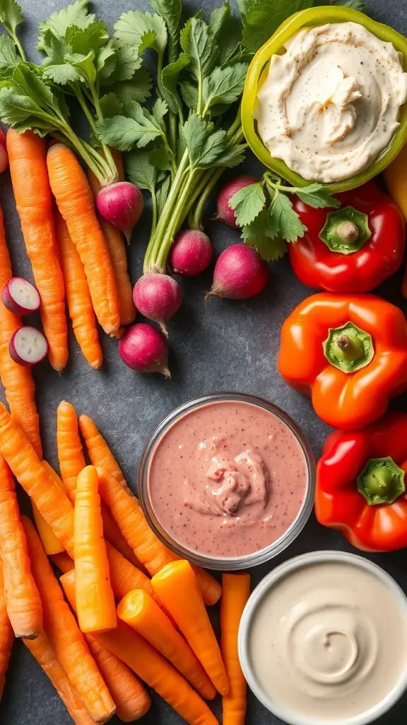 A variety of fresh vegetables including carrots, radishes, and bell peppers arranged with dips.