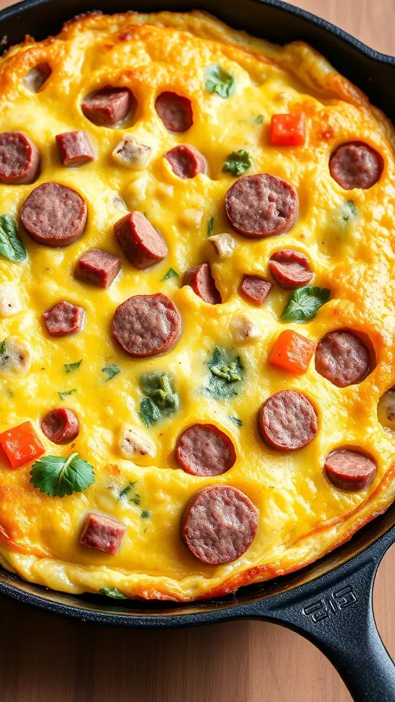 A delicious Italian sausage frittata with vegetables, featuring slices of sausage and colorful peppers.