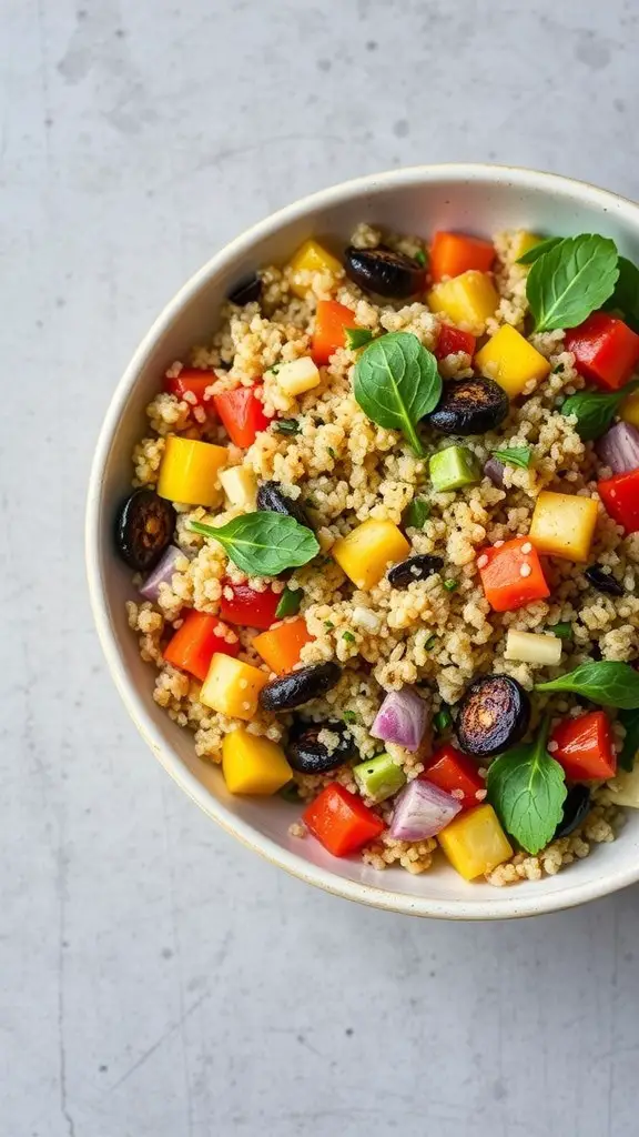 A bowl of roasted vegetable quinoa salad with colorful vegetables.