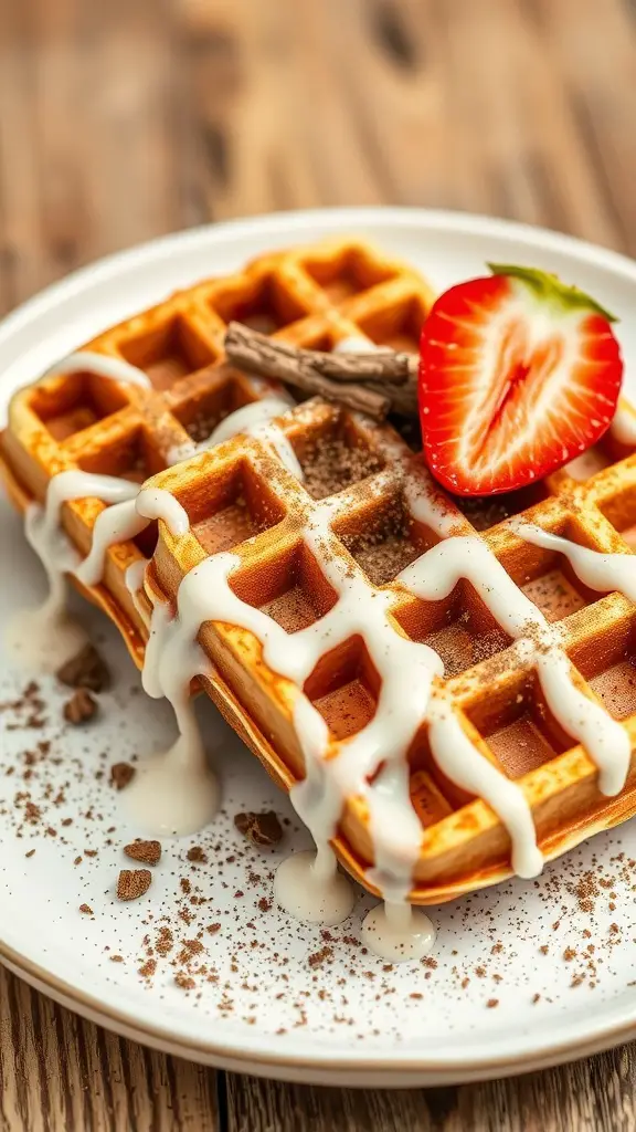 A plate of cinnamon roll waffles drizzled with icing and topped with a strawberry.