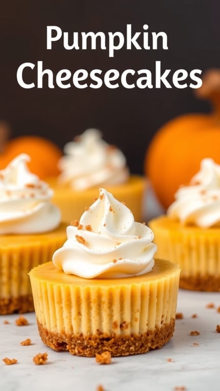 Delicious pumpkin spice cheesecake bites topped with whipped cream and graham cracker crumbs, with mini pumpkins in the background.
