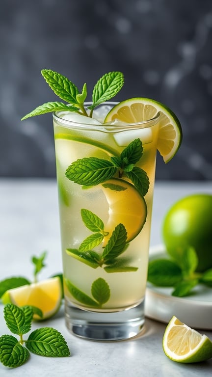 A refreshing Matcha Mint Mojito in a tall glass with mint leaves and lime slices.