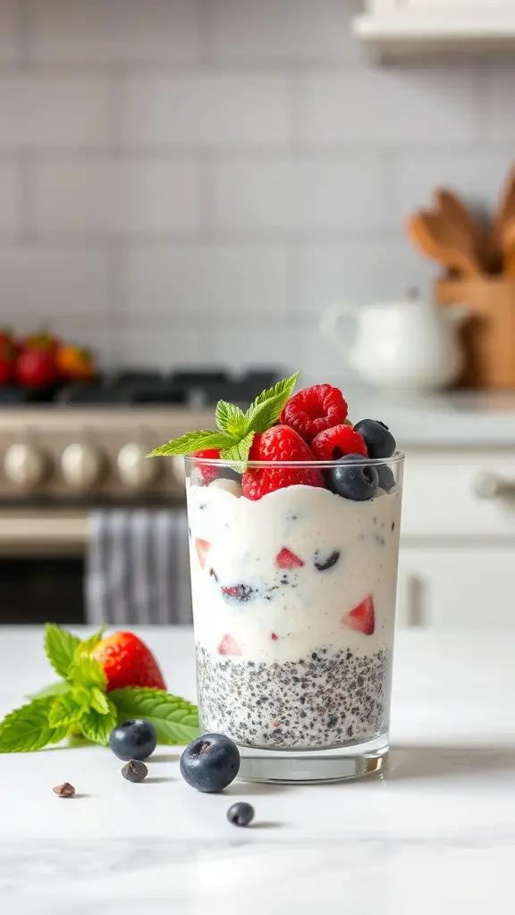 A glass of coconut chia pudding topped with fresh berries and mint leaves.