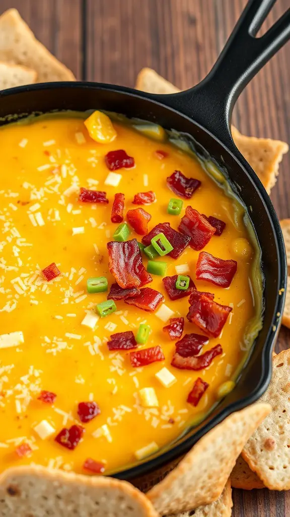 A warm, cheesy Bacon Cheddar Dip topped with crispy bacon and green onions, surrounded by crunchy crackers.