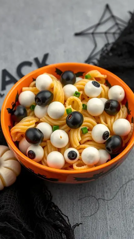 A bowl of Eyeball Pasta Salad with spiral pasta, mozzarella balls, and black olives, set against a Halloween-themed backdrop.