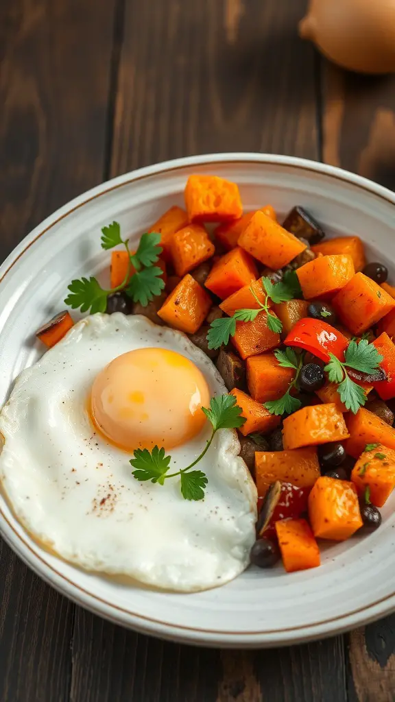 A plate of savory sweet potato hash topped with a fried egg, garnished with fresh herbs.