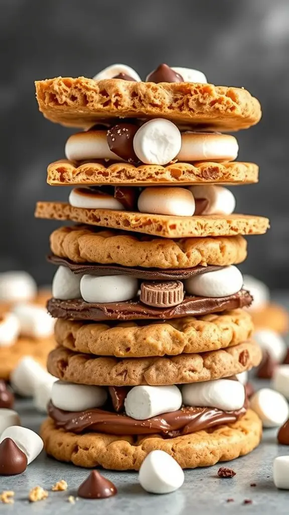A stack of S'mores No Bake Cookies with layers of chocolate, marshmallows, and graham crackers.