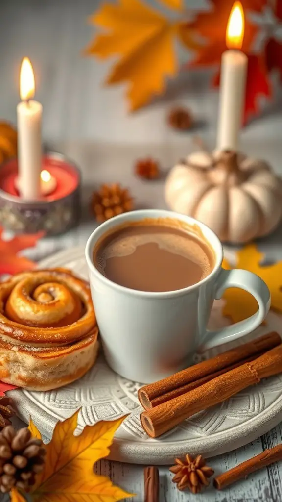 A cozy setup featuring a cup of coffee, a cinnamon roll, candles, and autumn leaves.