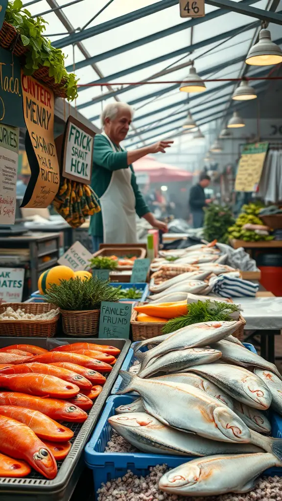A seafood market with fresh fish and seafood on display, showcasing sustainable sourcing options.