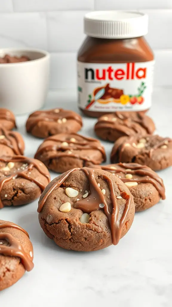 Nutella no bake cookies with a jar of Nutella in the background