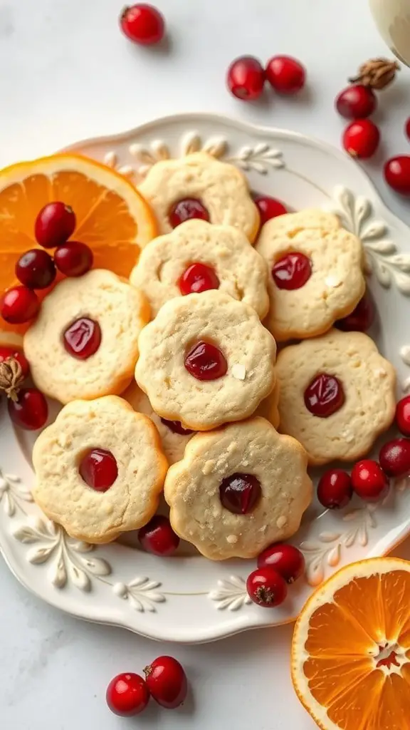 A plate of cranberry orange shortbread cookies with orange slices and fresh cranberries.