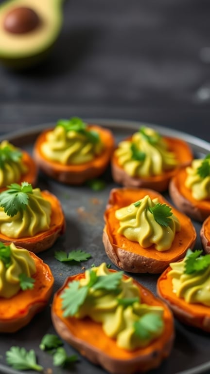 Sweet potato bites topped with avocado and cilantro on a plate