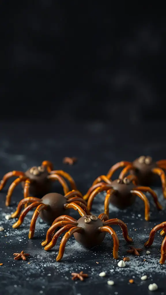 Chocolate spider truffles with pretzel legs and candy eyes on a dark background