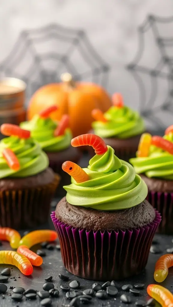 Creepy Crawly Cupcakes with green frosting and gummy worms