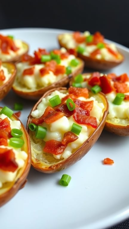 Baked potato skins filled with Boursin cheese, topped with bacon and green onions.