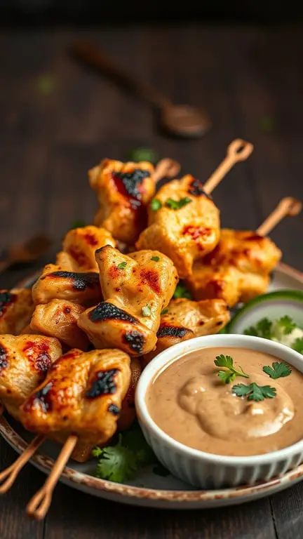 A plate of grilled spicy chicken satay skewers with a creamy peanut sauce and garnishes.