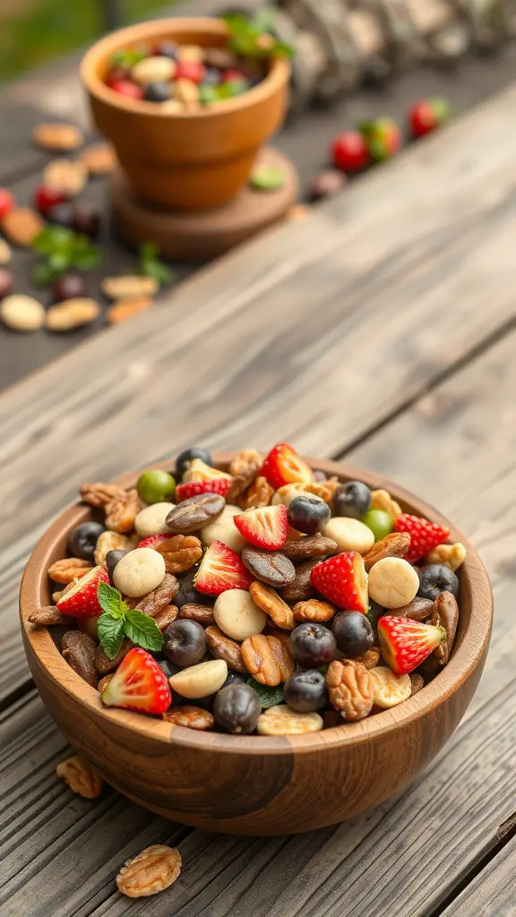A wooden bowl filled with a colorful mix of nuts and dried fruits, including strawberries, blueberries, and green grapes.