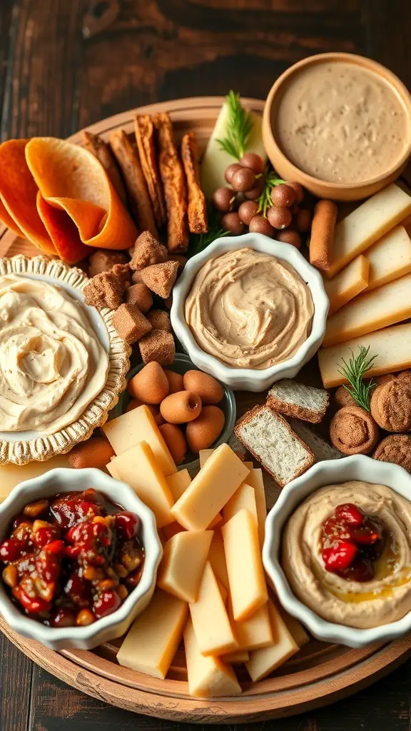 A festive charcuterie board featuring various homemade spreads and dips, including hummus, cheese spreads, and fruit preserves, surrounded by crackers and fruits.