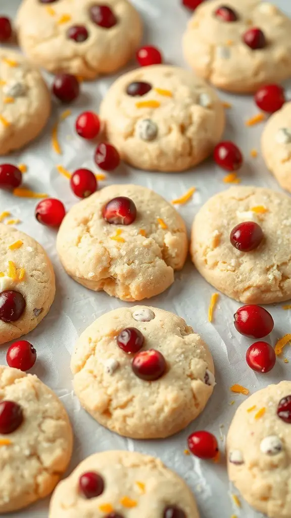 Cranberry orange sugar cookies with cranberries and orange zest on a baking sheet.