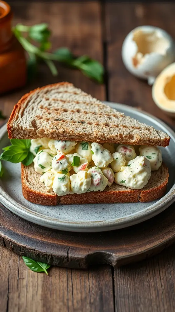 A delicious egg salad sandwich made with whole grain bread, featuring a creamy filling and garnished with fresh herbs.