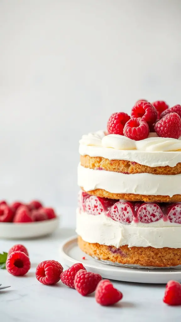 A three-layer Raspberry Cream Cake topped with fresh raspberries, showcasing a light and creamy dessert.