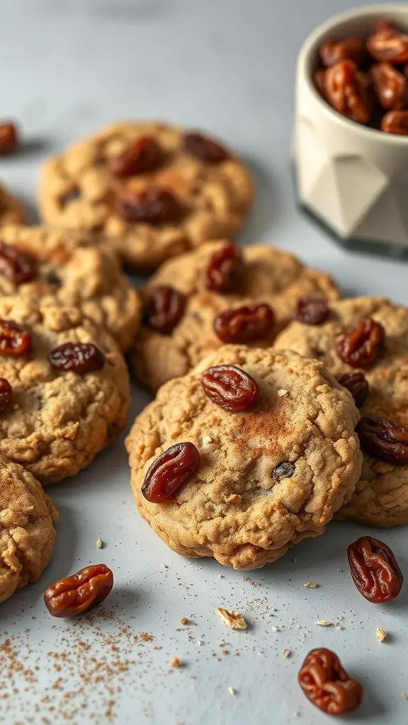 A close-up of spiced oatmeal cookies with raisins, showcasing their golden-brown color and chewy texture.
