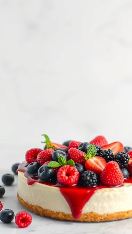 A no bake cheesecake topped with fresh berries, including strawberries, blueberries, raspberries, and blackberries, on a marble surface.