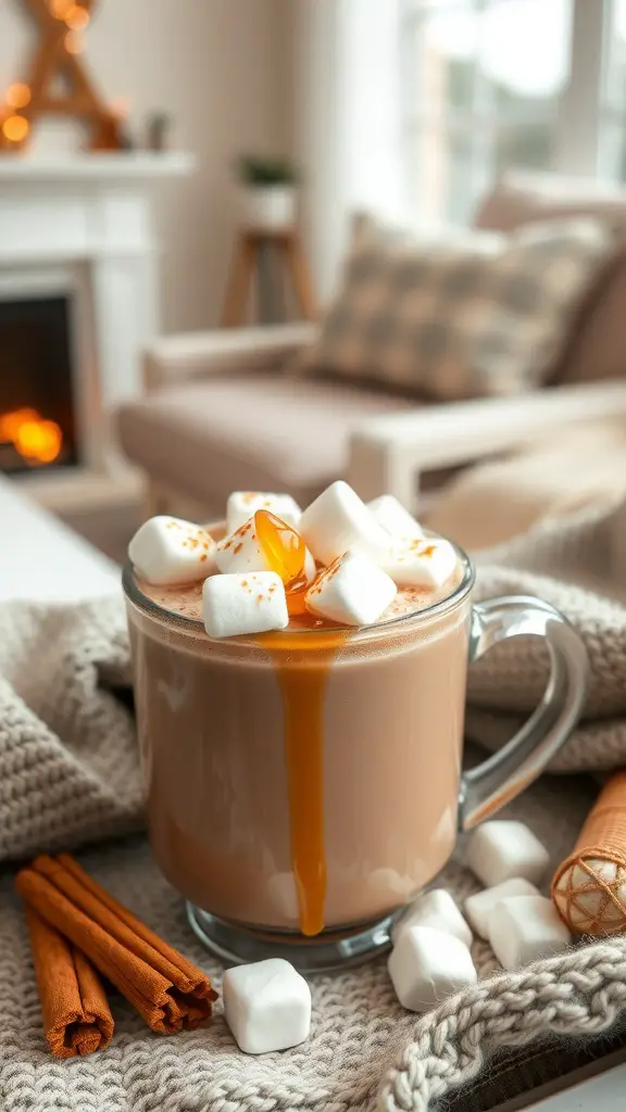 A cozy mug of Maple Cinnamon Hot Chocolate topped with marshmallows and caramel, with cinnamon sticks beside it.