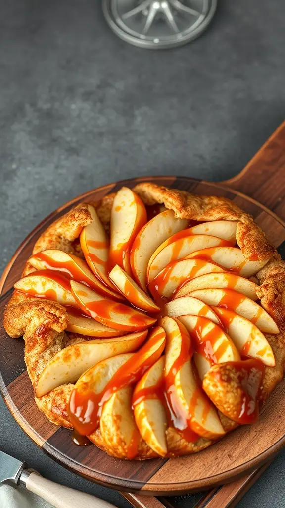 A caramel apple galette with sliced apples and caramel drizzle on a wooden board.