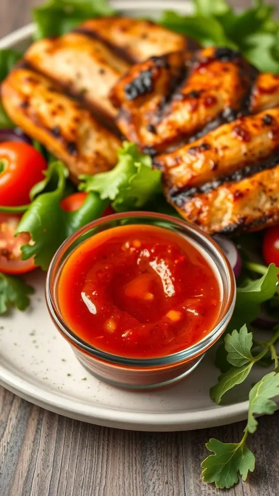 A bowl of roasted red pepper dressing with grilled chicken and fresh salad ingredients.