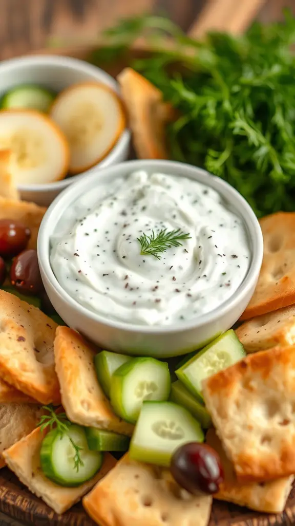 A bowl of tangy Greek yogurt tzatziki surrounded by pita chips, cucumber slices, and olives on a wooden platter.