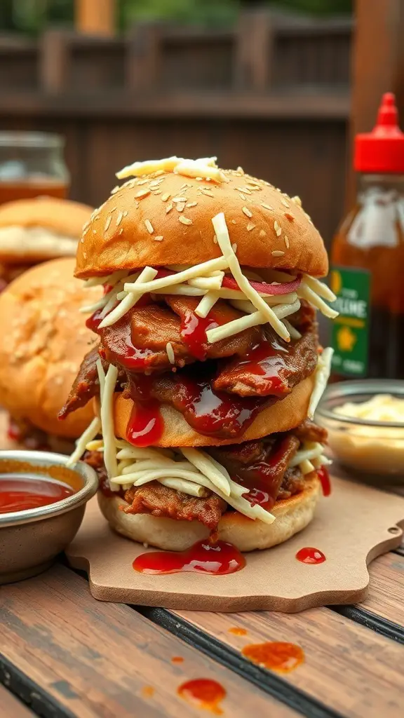 Pulled pork slider with coleslaw and BBQ sauce on a wooden table