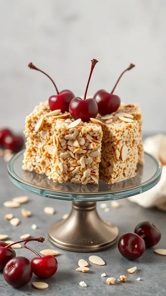 Cherry Almond Rice Krispie Treats on a glass stand, topped with cherries and almonds.
