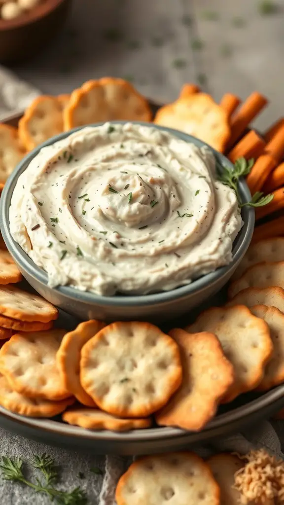A bowl of smoked snapper dip surrounded by various crackers on a platter.