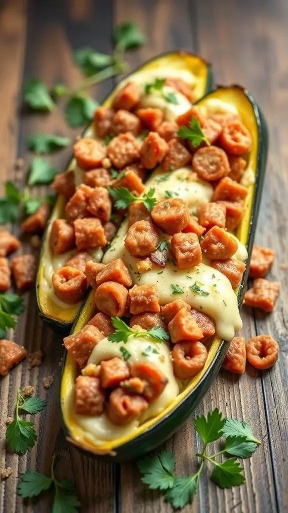 Sausage and ricotta stuffed zucchini topped with herbs and cheese